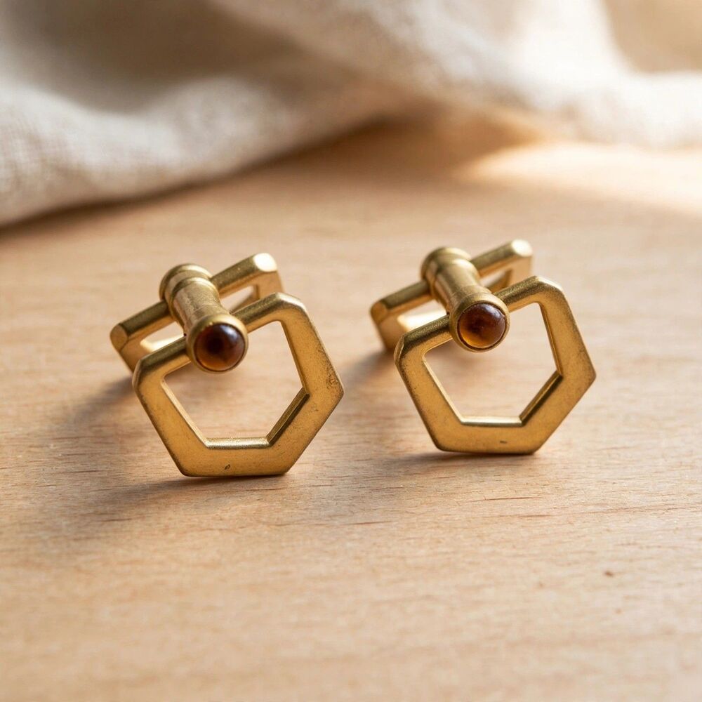 Vintage Gold Tone Hexagonal Amber Cabochon Cufflinks Toggle Back